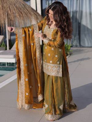Lovely Mustard Yellow Zari Work Chiffon Wedding Wear Sharara Suit 5