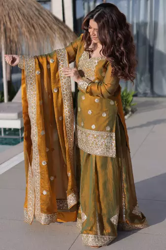 Lovely Mustard Yellow Zari Work Chiffon Wedding Wear Sharara Suit