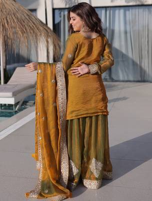 Lovely Mustard Yellow Zari Work Chiffon Wedding Wear Sharara Suit 6