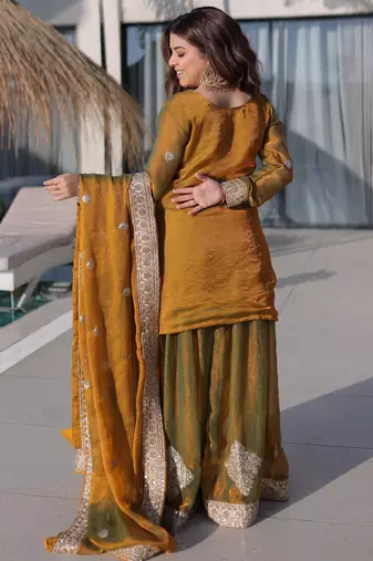 Lovely Mustard Yellow Zari Work Chiffon Wedding Wear Sharara Suit