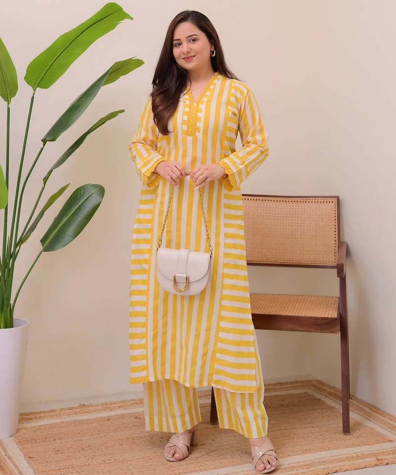 Yellow designer rayon kurta with pant set for women | comfortable daily wear