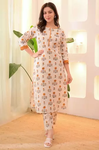 Orange women stylish rayon kurta pant set | designer neckline | comfortable ethnic wear