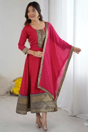 Pink women elegant blooming vichitra gown with jacquard lace border dupatta | party wear ethnic gown |