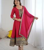 Pink women elegant blooming vichitra gown with jacquard lace border dupatta | party wear ethnic gown |