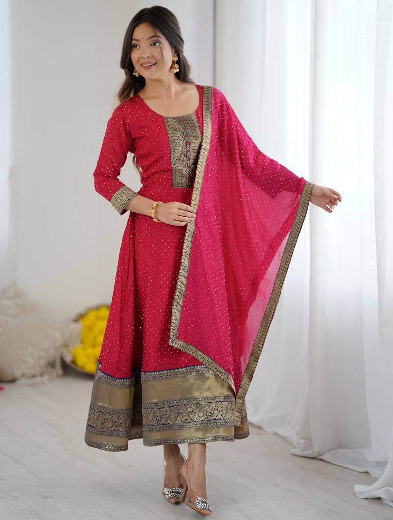 Pink women elegant blooming vichitra gown with jacquard lace border dupatta | party wear ethnic gown |