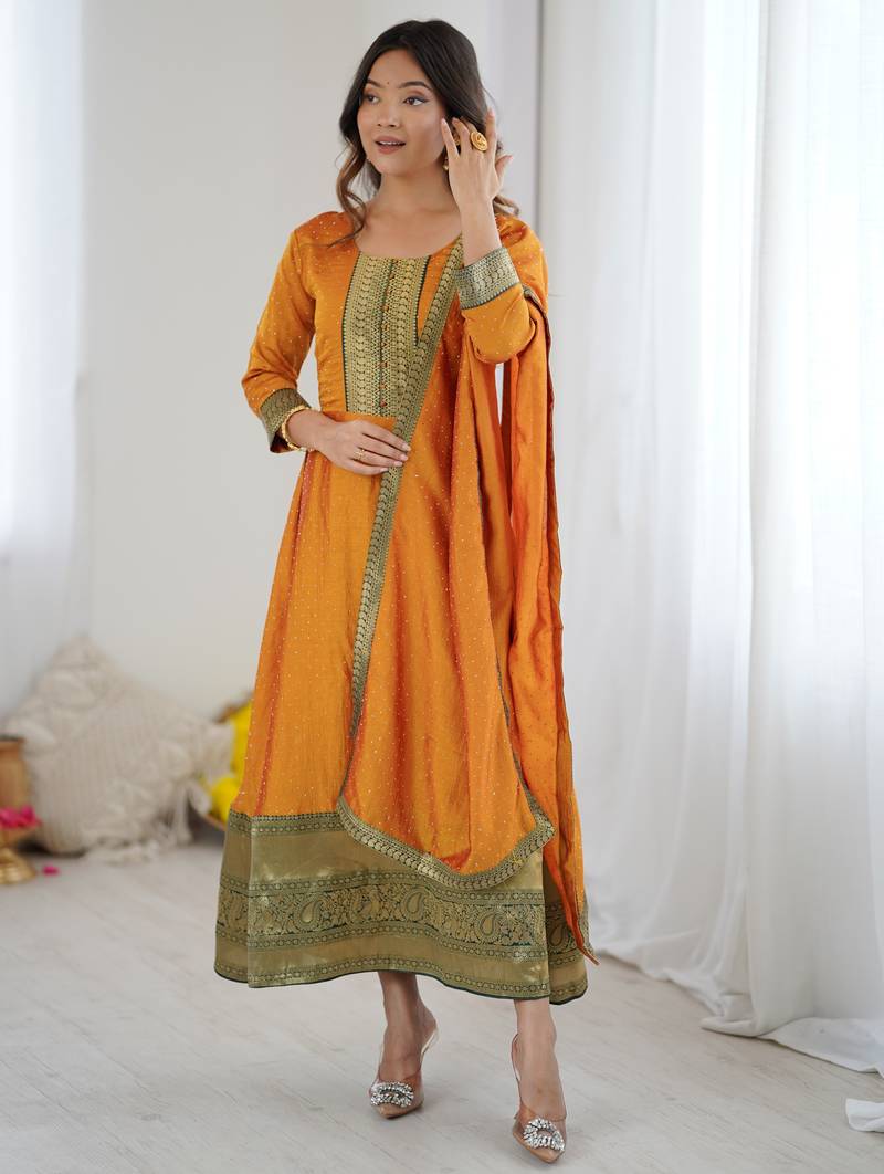 Mustard women elegant blooming vichitra gown with jacquard lace border dupatta | party wear ethnic gown |