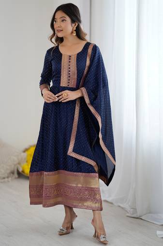 Navy blue women elegant blooming vichitra gown with jacquard lace border dupatta | party wear ethnic gown |