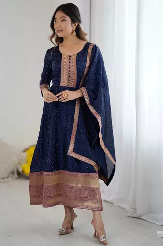 Navy blue women elegant blooming vichitra gown with jacquard lace border dupatta | party wear ethnic gown |