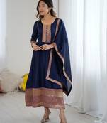 Navy blue women elegant blooming vichitra gown with jacquard lace border dupatta | party wear ethnic gown |