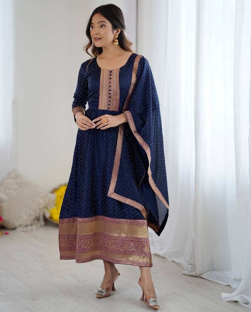 Navy blue women elegant blooming vichitra gown with jacquard lace border dupatta | party wear ethnic gown |