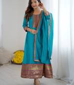 Sky blue women elegant blooming vichitra gown with jacquard lace border dupatta | party wear ethnic gown |