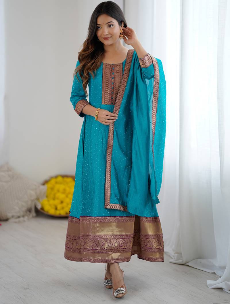 Sky blue women elegant blooming vichitra gown with jacquard lace border dupatta | party wear ethnic gown |