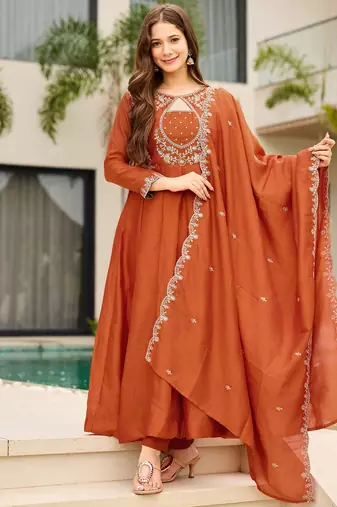 Orange women vichitra embroidered kurta pant dupatta set | round neck ethnic suit | party & festive wear