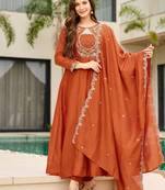 Orange women vichitra embroidered kurta pant dupatta set | round neck ethnic suit | party & festive wear