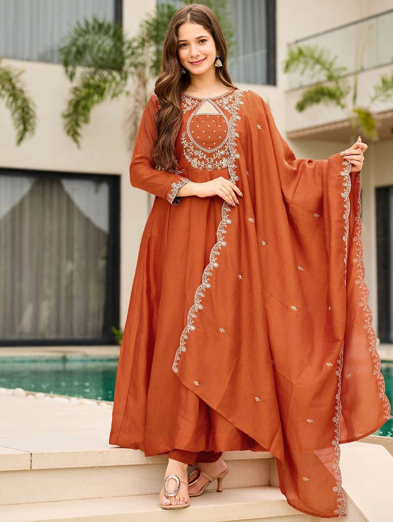 Orange women vichitra embroidered kurta pant dupatta set | round neck ethnic suit | party & festive wear