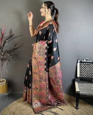 Black pashmina silk zari weaving saree with matching blouse piece 2