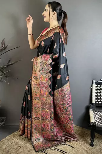 Black pashmina silk zari weaving saree with matching blouse piece