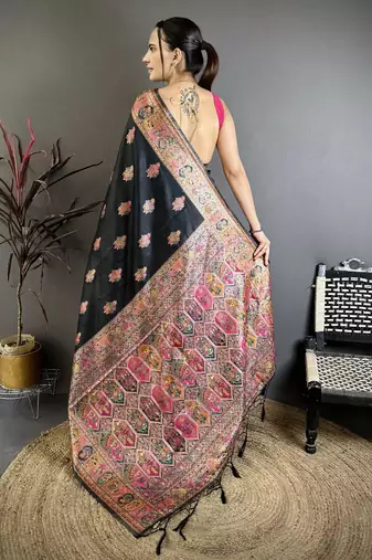 Black pashmina silk zari weaving saree with matching blouse piece