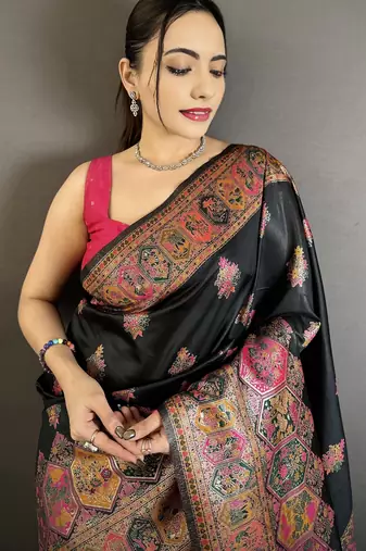 Black pashmina silk zari weaving saree with matching blouse piece