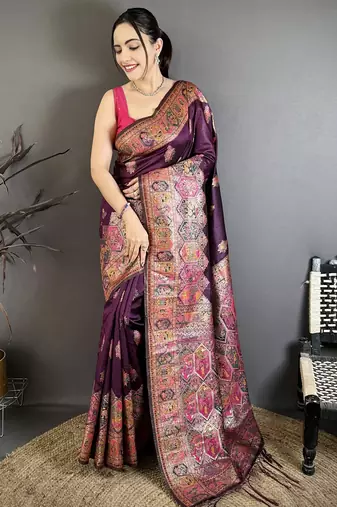 Purple pashmina silk zari weaving saree with matching blouse piece