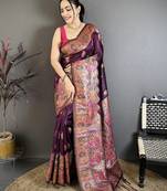 Purple pashmina silk zari weaving saree with matching blouse piece