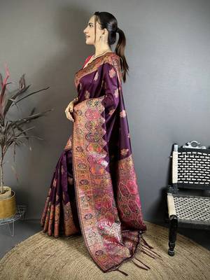 Purple pashmina silk zari weaving saree with matching blouse piece 2