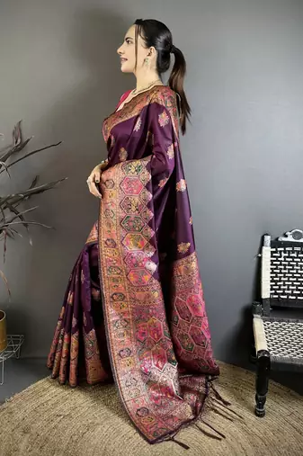 Purple pashmina silk zari weaving saree with matching blouse piece
