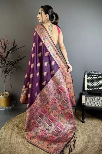 Purple pashmina silk zari weaving saree with matching blouse piece