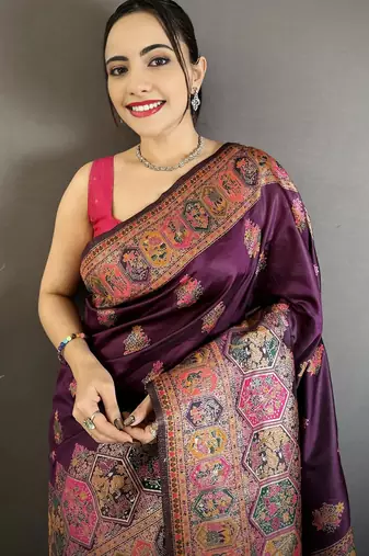 Purple pashmina silk zari weaving saree with matching blouse piece