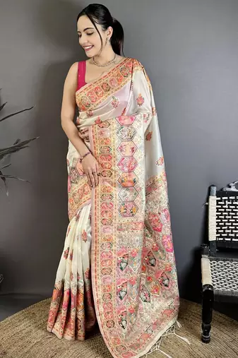 Off white pashmina silk zari weaving saree with matching blouse piece