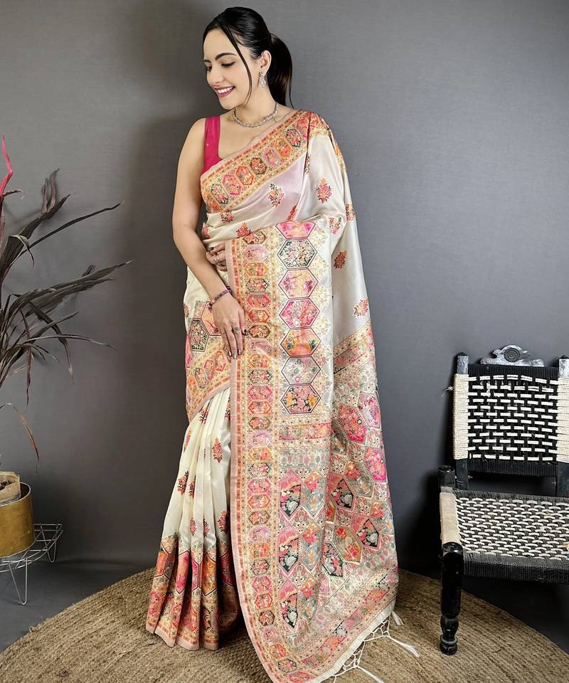 Off white pashmina silk zari weaving saree with matching blouse piece