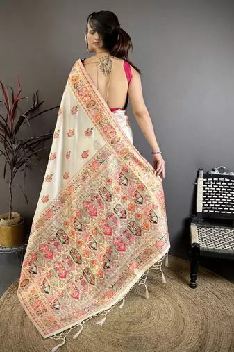 Off white pashmina silk zari weaving saree with matching blouse piece