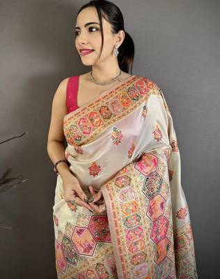 Off white pashmina silk zari weaving saree with matching blouse piece 4