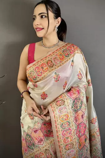 Off white pashmina silk zari weaving saree with matching blouse piece