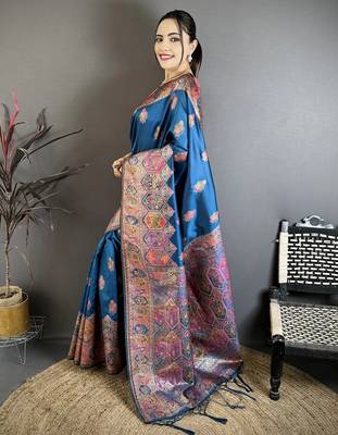 Teal pashmina silk zari weaving saree with matching blouse piece 2