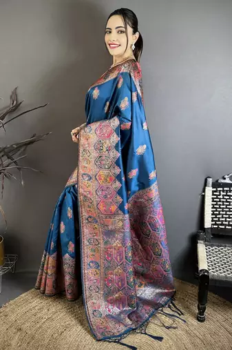 Teal pashmina silk zari weaving saree with matching blouse piece