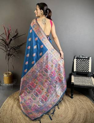 Teal pashmina silk zari weaving saree with matching blouse piece 3