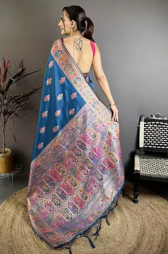 Teal pashmina silk zari weaving saree with matching blouse piece