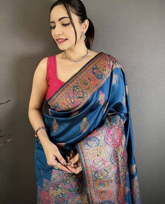 Teal pashmina silk zari weaving saree with matching blouse piece 4