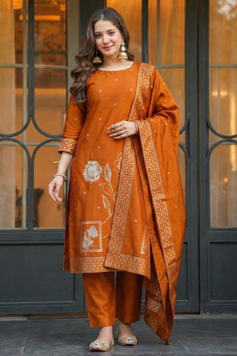 Oragne women art silk jacquard kurta pant dupatta set | jacquard work ethnic suit | round neck full sleeve