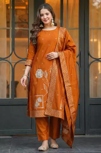 Oragne women art silk jacquard kurta pant dupatta set | jacquard work ethnic suit | round neck full sleeve