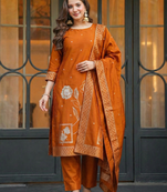 Oragne women art silk jacquard kurta pant dupatta set | jacquard work ethnic suit | round neck full sleeve