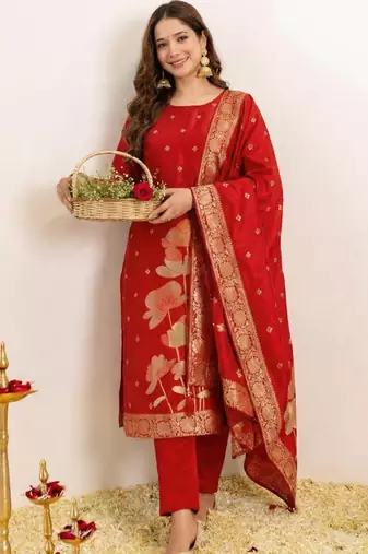 Red women art silk jacquard kurta pant dupatta set | jacquard work ethnic wear | round neck