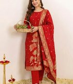Red women art silk jacquard kurta pant dupatta set | jacquard work ethnic wear | round neck