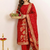 Red women art silk jacquard kurta pant dupatta set | jacquard work ethnic wear | round neck