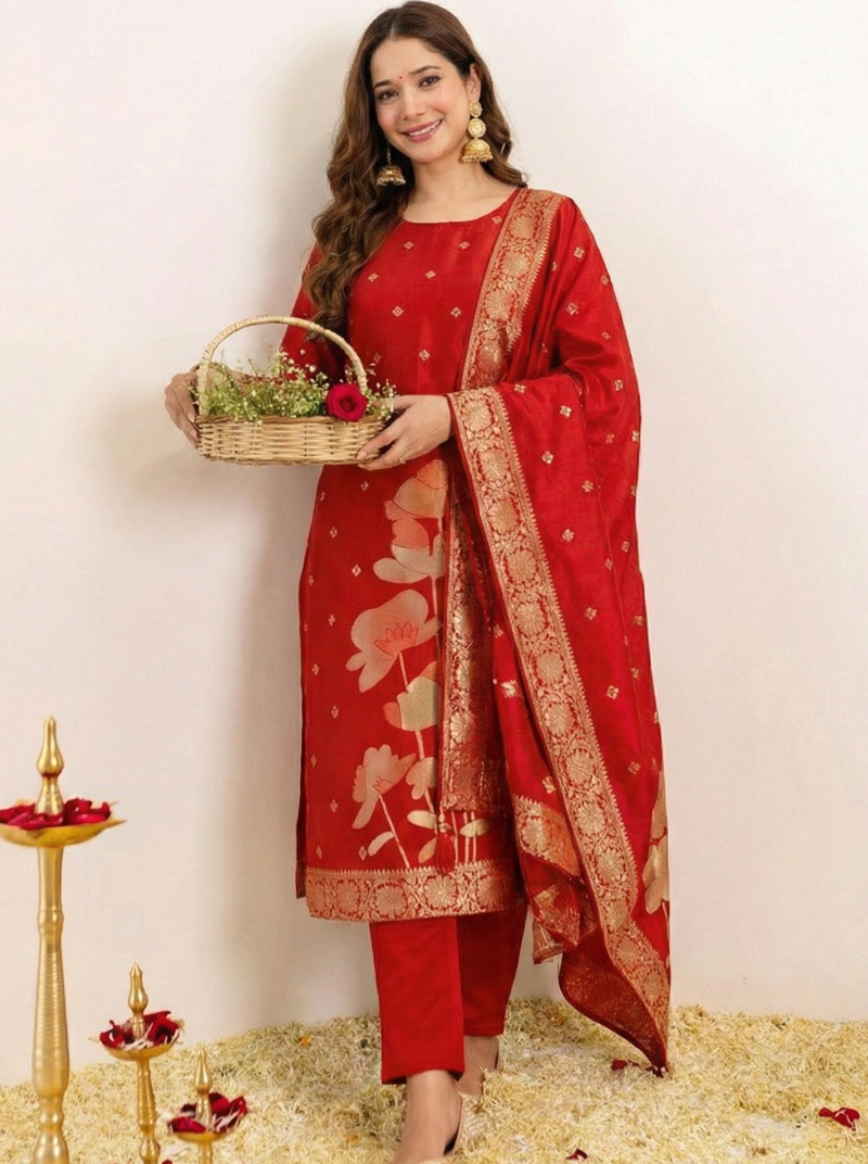 Red women art silk jacquard kurta pant dupatta set | jacquard work ethnic wear | round neck