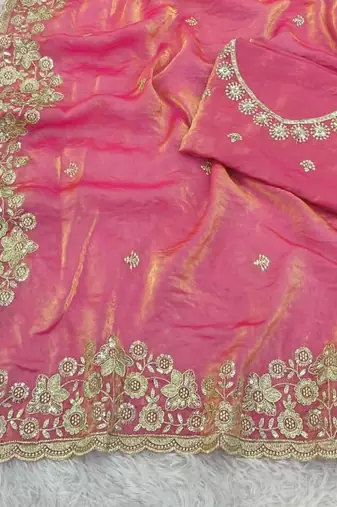 Pink color sequence embroidery work fandy satin saree