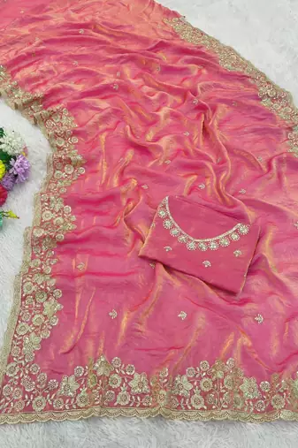 Pink color sequence embroidery work fandy satin saree