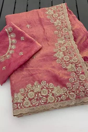 Pink color sequence embroidery work fandy satin saree