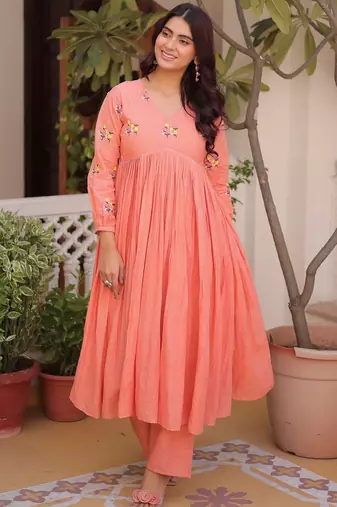 Peach Floral Embroidery Cotton Festive Wear Pant Suit